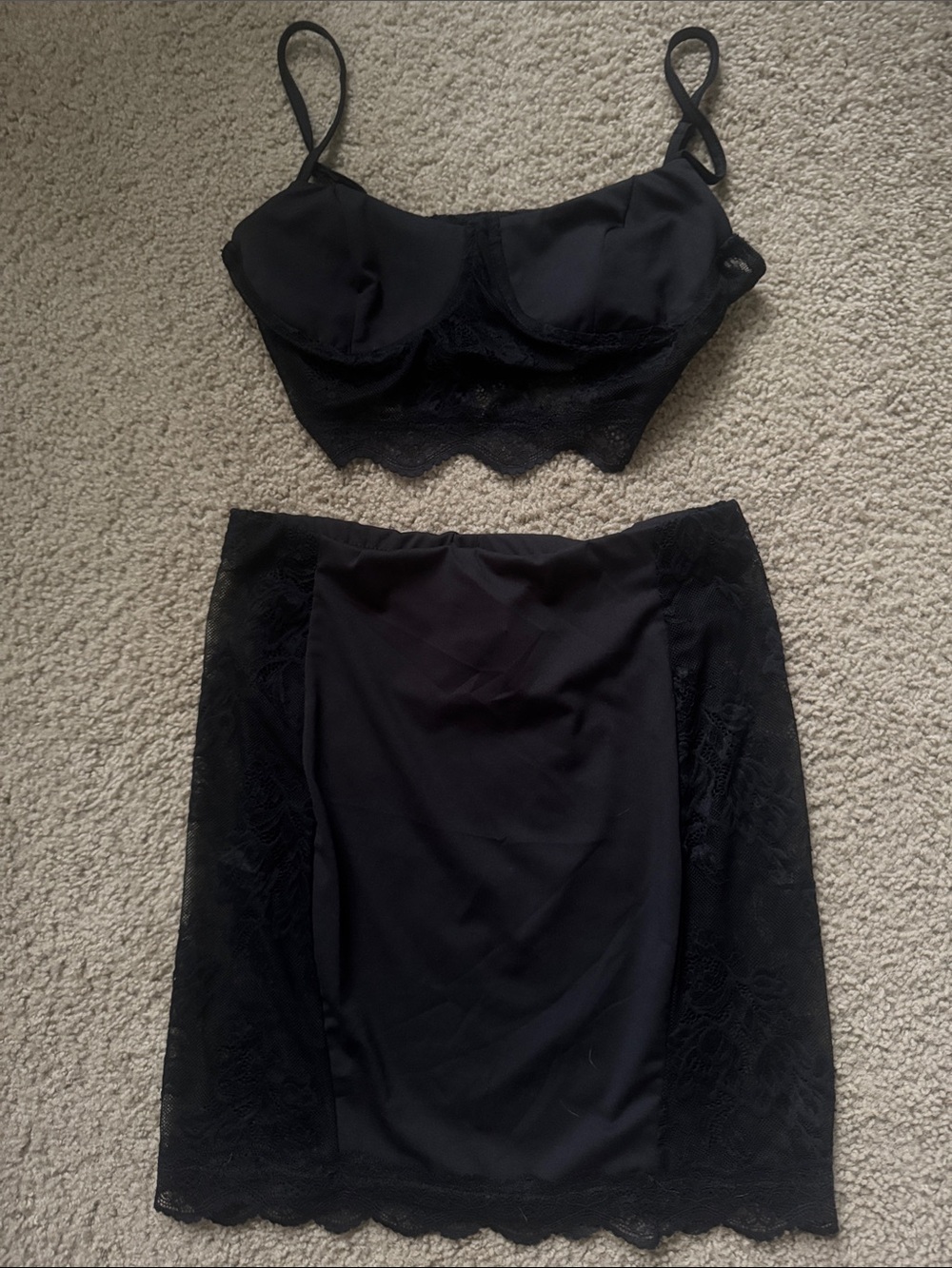 SHEIN Black Lace-Trim Crop Top & Skirt Set